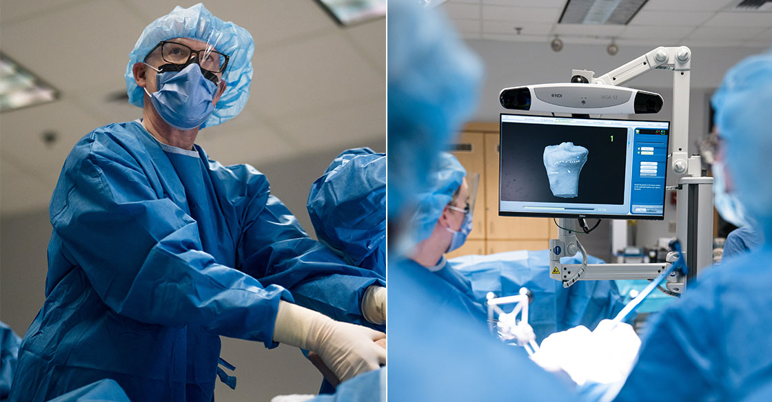 Collage of two photos: one of Dr. Richardson wearing blue scrubs in an operating room, another showing the ortho robot technology