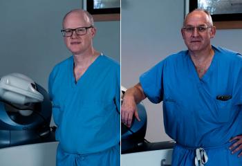 Collage of two photos featuring two orthopaedic surgeons, wearing blue scrubs and standing alongside a surgical robot