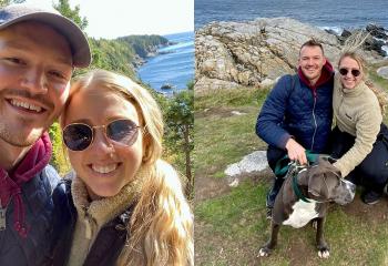 Collage of two images, both featuring a happy couple on a hike with the mountains and ocean behind them