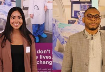 Collage of two students, each standing in front of a healthcare pop-banner