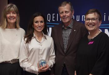 Dr. Jennifer Johnston stands smiling with donors Susan Crocker John Hunkin and Susan Mullin.