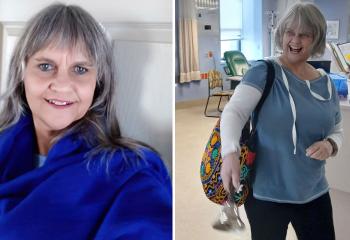 Collage of two photos of the same woman: one wearing a blue sweater, another ringing a bell within the QEII Cancer Centre