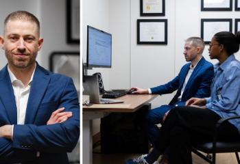 Two photos side by side. A man pictured left wearing a suit and smiling at the camera. In the second photo, the same man and a woman look at a computer in an office setting. 
