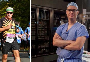 An image of two men in different settings: The man on the left is running a marathon and the one on the right is in an operating room wearing surgical scrubs. 