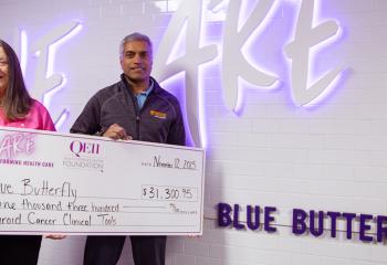 Pictured: Carol Dodds and Dr. Rajaraman present the Blue Butterfly Evening 2025 event total to the QEII Foundation, which raised over $31,300 to support thyroid cancer care in Nova Scotia.