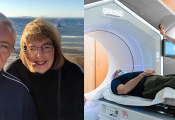 Left: Tom Murdoch and his wife, Ann at Nova Scotia’s iconic Peggy’s Cove. Right: The QEII’s Ethos with Hypersight imaging technology. 