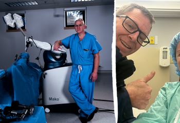 Left: Dr. Michael Dunbar stands with the donor-funded Mako SmartRobotics orthopaedic robot. Right: double-knee replacement patient Denise Smith with husband before surgery. 
