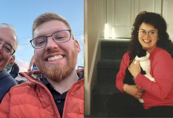 Left: Gilles Nault and his son, Caleb. Right: The late Darla Nault.