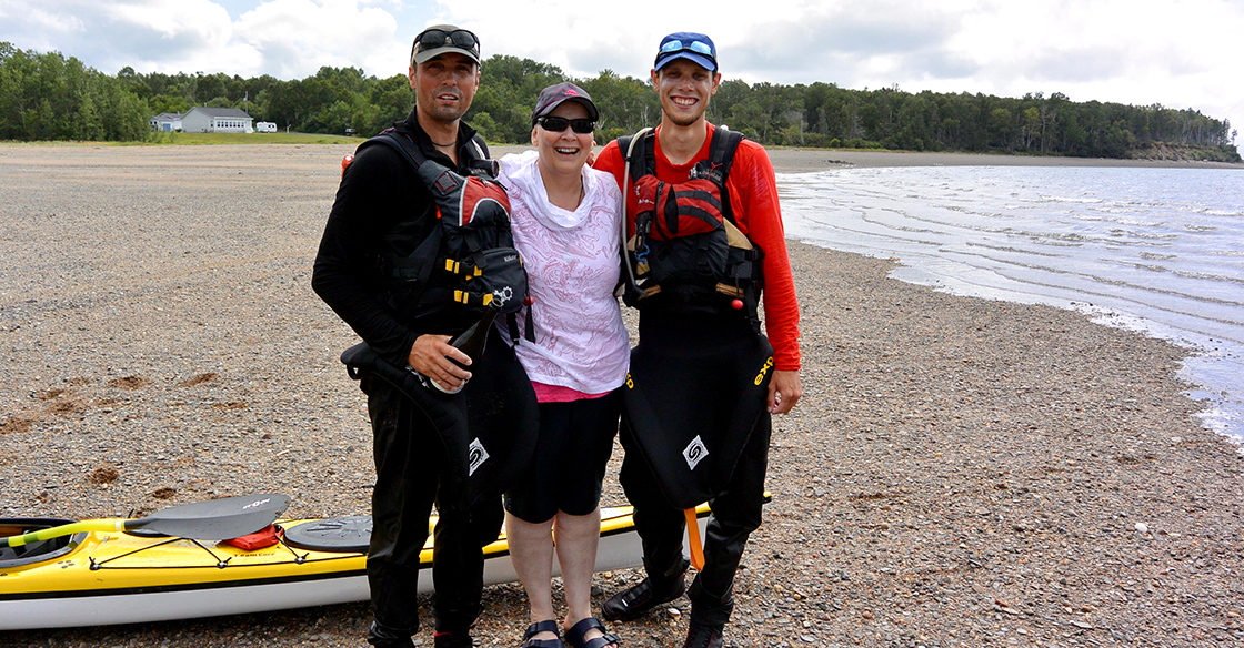 In August 2018, Christopher Lockyer (left) and Daniel Archibald (right) embarked on an epic kayak journey across the Bay of Fundy to raise money and awareness for breast cancer research through their QEII Foundation community initiative, A Paddle Fer Me Mudders Udders. 