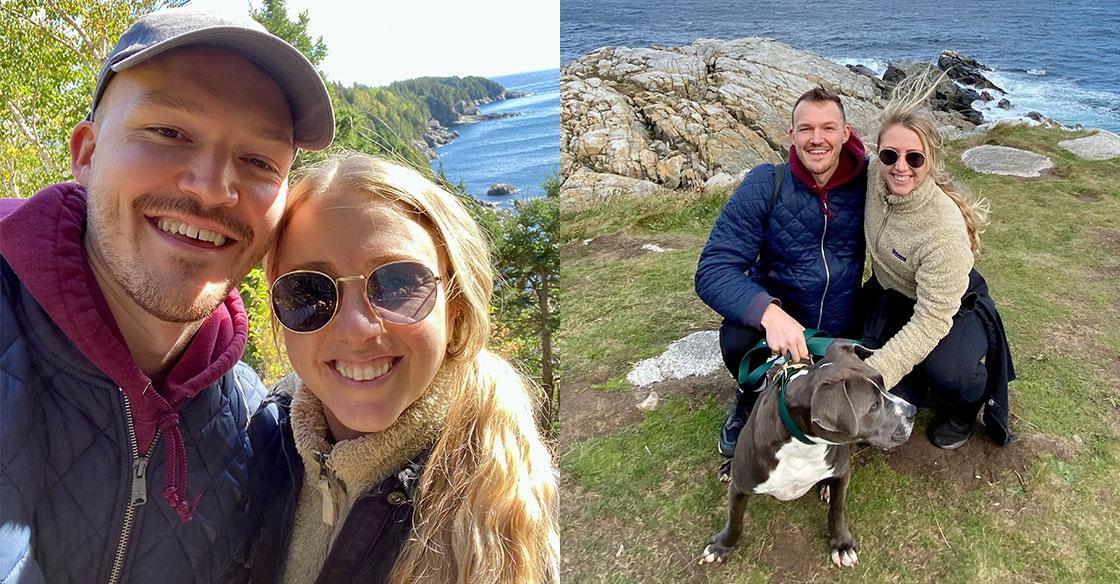 Collage of two images, both featuring a happy couple on a hike with the mountains and ocean behind them