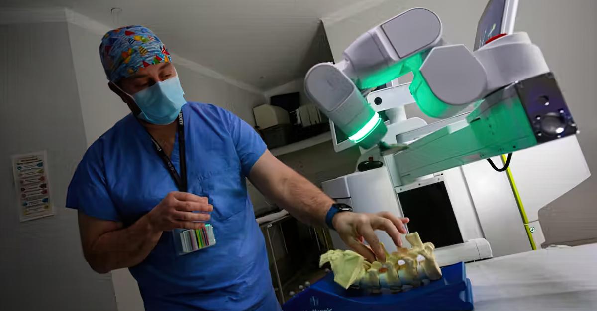 Surgeon in blue scrubs stands in front of glowing robot