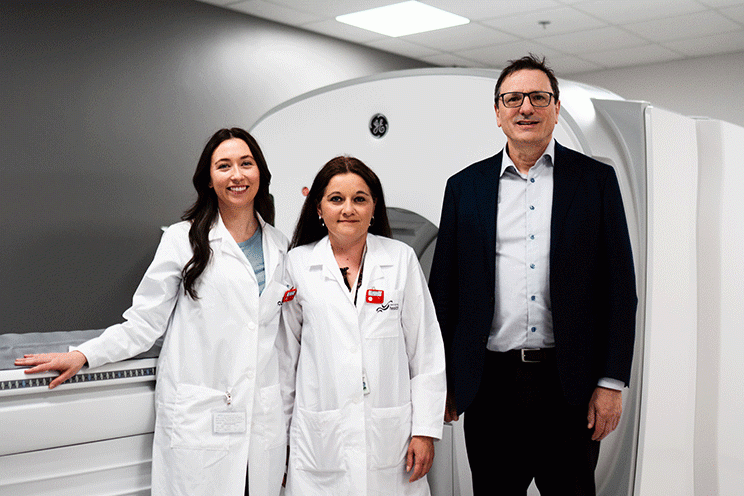 Dr. Steven Burrell, Sara Amero, Alicia Burke with Canada’s first StarGuide Hybrid SPECT/CT nuclear medicine scanner