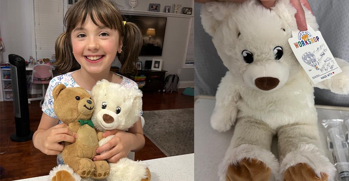 Avery with two teddy bears