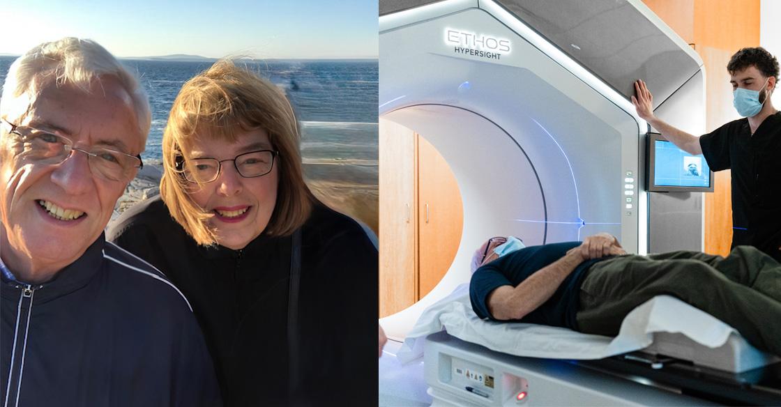 Left: Tom Murdoch and his wife, Ann at Nova Scotia’s iconic Peggy’s Cove. Right: The QEII’s Ethos with Hypersight imaging technology. 