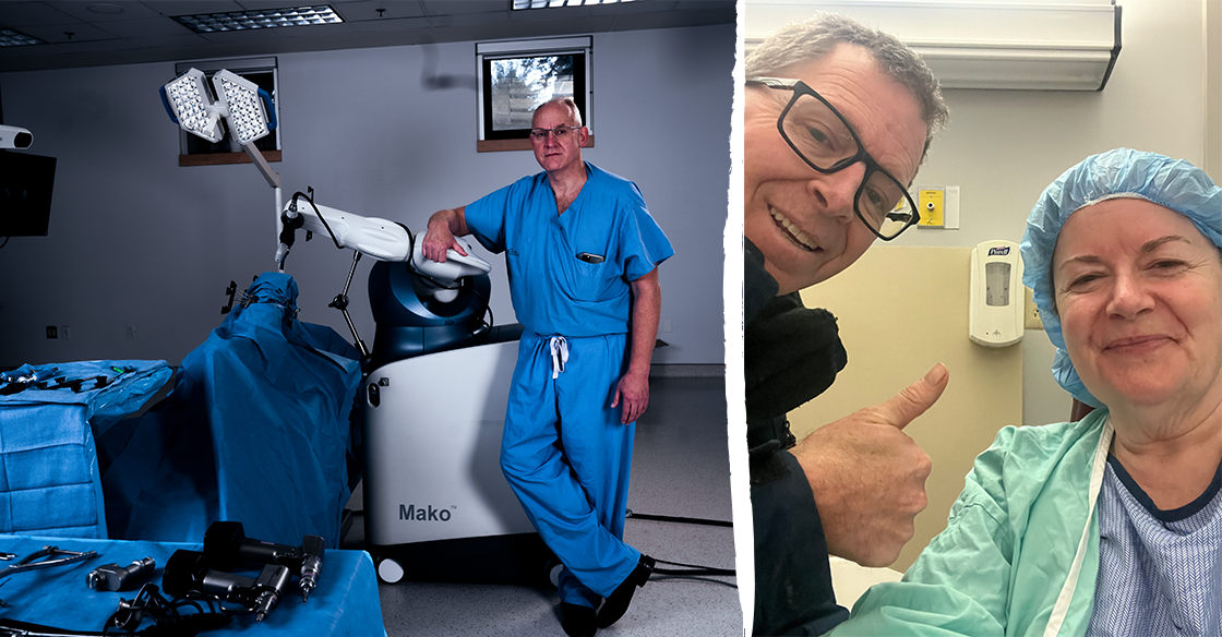 Left: Dr. Michael Dunbar stands with the donor-funded Mako SmartRobotics orthopaedic robot. Right: double-knee replacement patient Denise Smith with husband before surgery. 