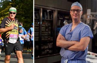 An image of two men in different settings: The man on the left is running a marathon and the one on the right is in an operating room wearing surgical scrubs. 