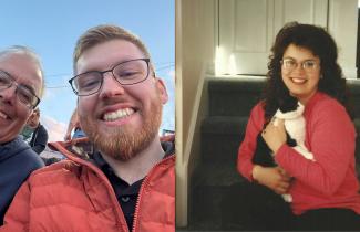 Left: Gilles Nault and his son, Caleb. Right: The late Darla Nault.