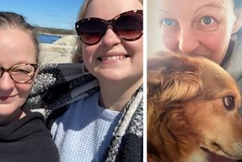 Collage of images, first shot is the patient standing next her daughter at Peggy's Cove; the second image she's posing with her golden dog