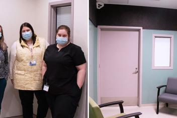 Collage of care providers standing in new suites; and an image showing a treatment room with bright colours and chairs