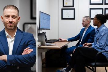 Two photos side by side. A man pictured left wearing a suit and smiling at the camera. In the second photo, the same man and a woman look at a computer in an office setting. 